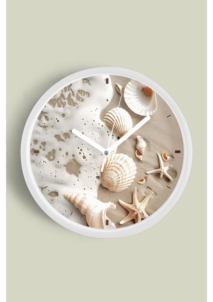 Deniz Kabukları - Deniz Yıldızı Modern Duvar Saati - 25CM - Önü Camlı Beyaz Kasa - Sessiz Mekanizma