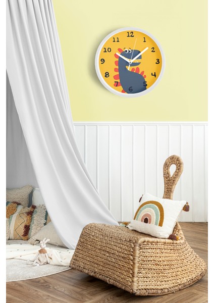 Sevimli Dinozor Çizimli Çocuk Odası Duvar Saati - 25CM - Önü Camlı Beyaz Kasa - Sessiz Mekanizma fiyatları