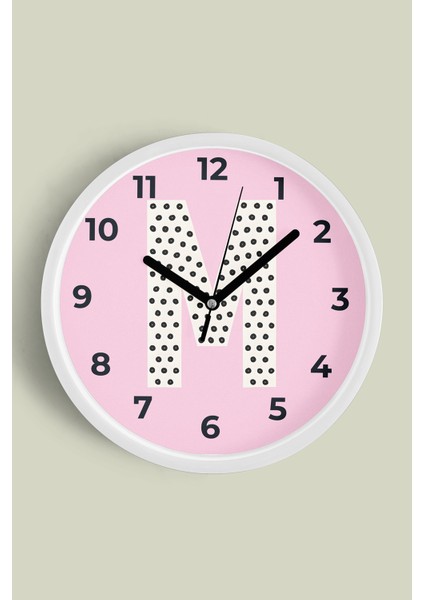 M Harfi Kız Odası Duvar Saati - 25CM - Önü Camlı Beyaz Kasa - Sessiz Mekanizma