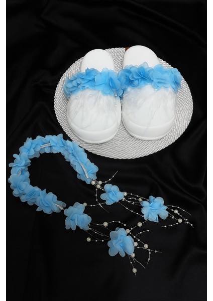 Beyaz Inci Saçaklı Mavi Çiçek Süslemeli Lohusa Terlik Taç Takımı – Lohusa Seti