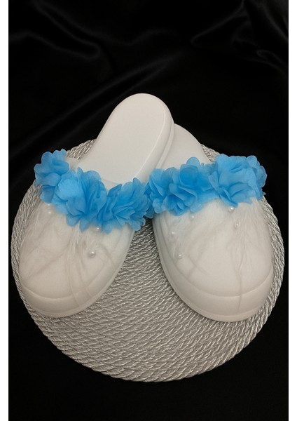 Beyaz Inci Saçaklı Mavi Çiçek Süslemeli Lohusa Terlik Taç Takımı – Lohusa Seti fiyatları