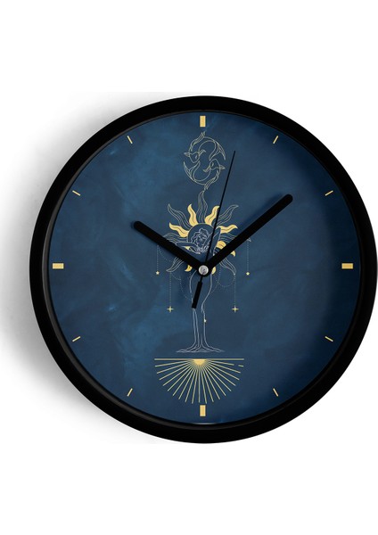 Balık Burcu - Burçlar Modern Duvar Saati - 25CM - Önü Camlı Siyah Kasa - Sessiz Mekanizma