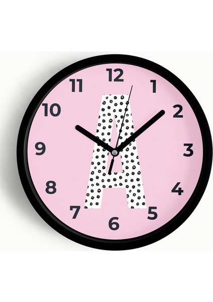 A Harfi Kız Odası Duvar Saati - 25CM - Önü Camlı Siyah Kasa - Sessiz Mekanizma