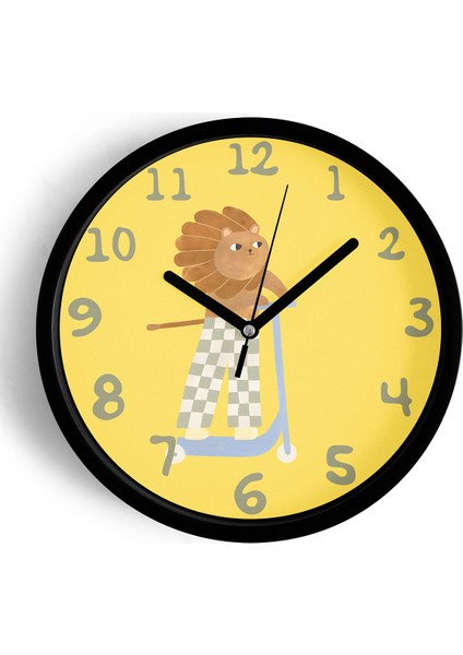 Kaykay Yapan Aslan Çocuk Odası Modern Duvar Saati - 42CM - Önü Camlı Siyah Kasa - Sessiz Mekanizma