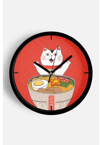 Sevimli Kedi Temalı Modern Duvar Saati - 25CM - Önü Camlı Siyah Kasa - Sessiz Mekanizma