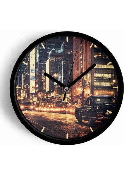 Klasik Araba ve Gece Şehir Modern Duvar Saati - 25CM - Önü Camlı Siyah Kasa - Sessiz Mekanizma
