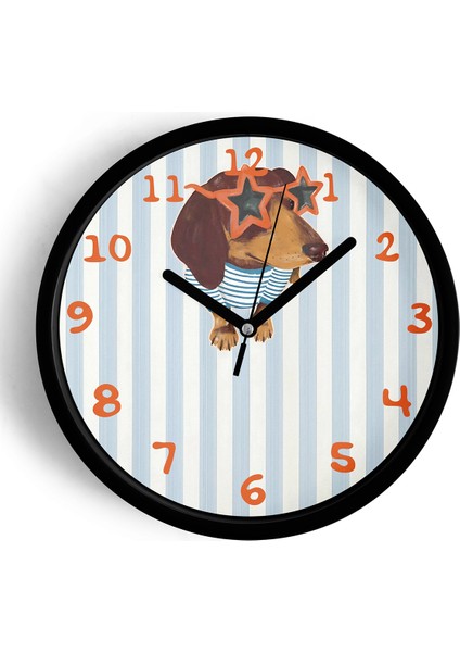 Köpek Tasarım Modern Çocuk Odası Duvar Saati - 25CM - Önü Camlı Siyah Kasa - Sessiz Mekanizma