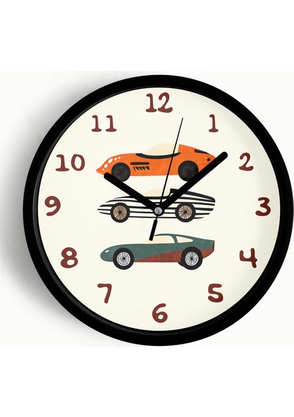 Araba Tasarımlı Çocuk Odası Duvar Saati - 25CM - Önü Camlı Siyah Kasa - Sessiz Mekanizma