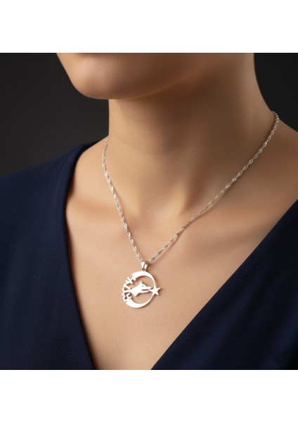 - 925 Ayar Gümüş Bozkurt Ayyıldız Hilal Tasarım Türk Yazılı Kolye