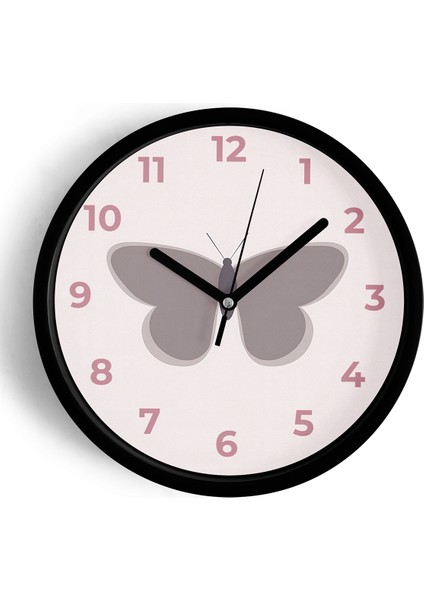 Kelebek Tasarım Çocuk Odası Duvar Saati - 42CM - Önü Camlı Siyah Kasa - Sessiz Mekanizma