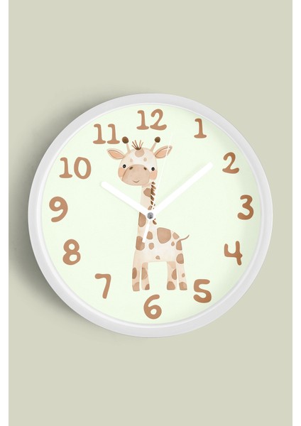 Sevimli Zürafa Temalı Çocuk Odası Modern Duvar Saati - 25CM - Önü Camlı Beyaz Kasa