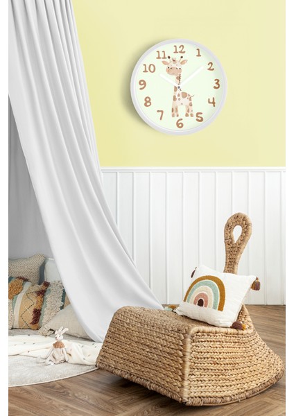 Sevimli Zürafa Temalı Çocuk Odası Modern Duvar Saati - 25CM - Önü Camlı Beyaz Kasa fiyatları