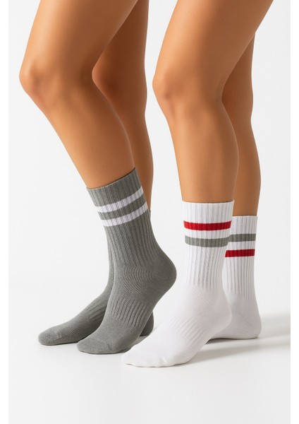 Kadın 2’li Tenis Çorabı Seti – Gri & Beyaz Çizgili Spor Çorap – Pamuklu Nefes Alabilir