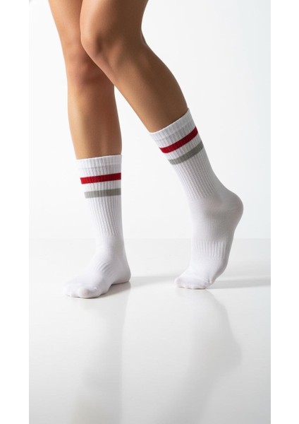 Kadın 2’li Tenis Çorabı Seti – Gri & Beyaz Çizgili Spor Çorap – Pamuklu Nefes Alabilir