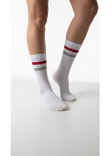 Kadın 2’li Tenis Çorabı Seti – Gri & Beyaz Çizgili Spor Çorap – Pamuklu Nefes Alabilir
