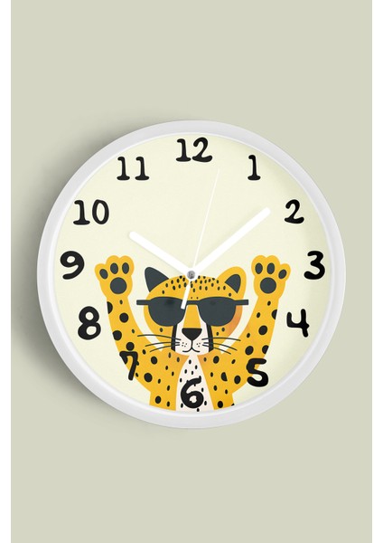 Güneş Gözlüklü Sevimli Kaplan Çocuk Odası Modern Duvar Saati - 25CM - Önü Camlı Beyaz Kasa
