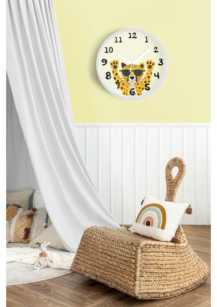 Güneş Gözlüklü Sevimli Kaplan Çocuk Odası Modern Duvar Saati - 25CM - Önü Camlı Beyaz Kasa fiyatları