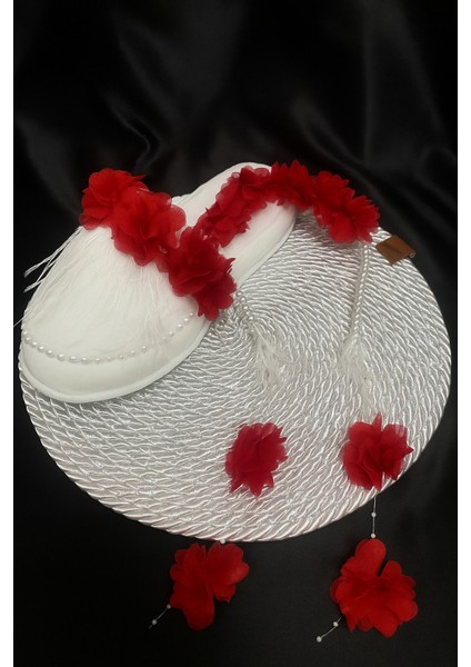 Kırmızı Lohusa Terlik ve Incili Taç – 2'li Set - Lohusa Seti