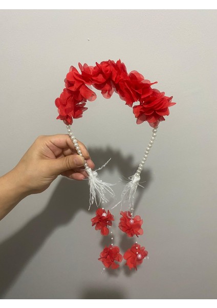 Kırmızı Lohusa Terlik ve Incili Taç – 2'li Set - Lohusa Seti modelleri