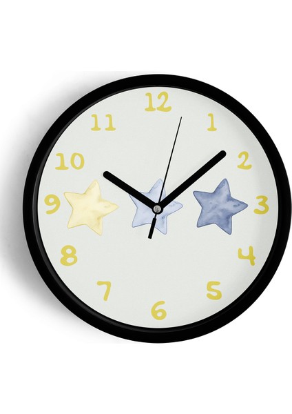 Renkli Yıldızlar Çocuk Odası Duvar Saati - 42CM - Önü Camlı Siyah Kasa - Sessiz Mekanizma