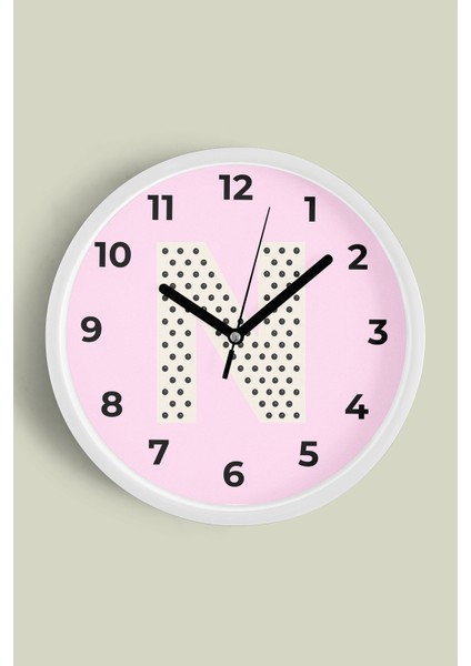 N Harfi Kız Odası Duvar Saati - 25CM - Önü Camlı Beyaz Kasa - Sessiz Mekanizma