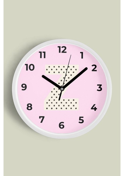 Z Harfi Kız Odası Duvar Saati - 25CM - Önü Camlı Beyaz Kasa - Sessiz Mekanizma