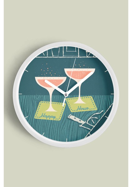 Kokteyl Bardağı Modern Tasarım Duvar Saati - 25CM - Önü Camlı Beyaz Kasa - Sessiz Mekanizma