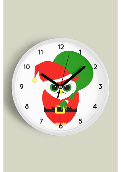 Kızgın Noel Baykuş Modern Tasarım Duvar Saati - 25CM - Önü Camlı Beyaz Kasa - Sessiz Mekanizma