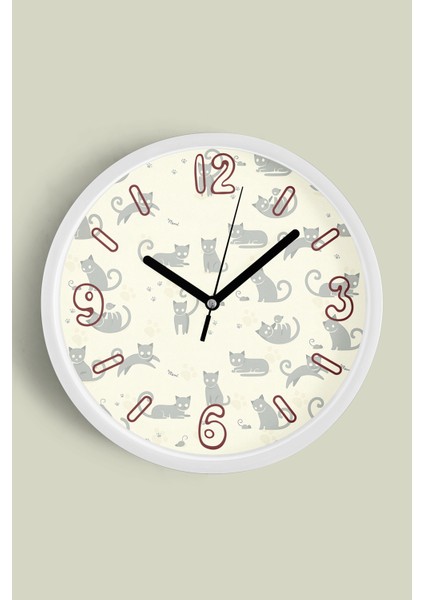 Kedi Tasarım Modern Duvar Saati - 25CM - Önü Camlı Beyaz Kasa - Sessiz Mekanizma