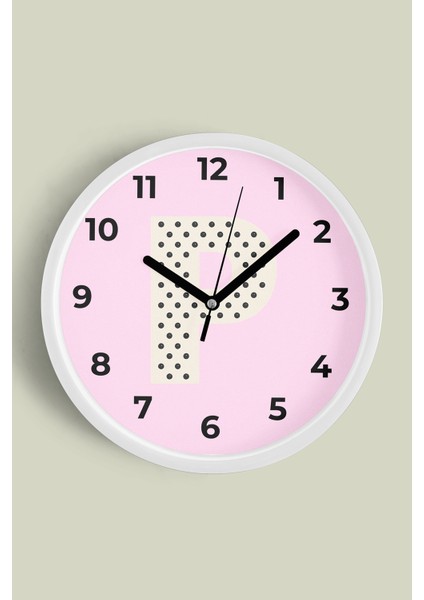 P Harfi Kız Odası Duvar Saati - 25CM - Önü Camlı Beyaz Kasa - Sessiz Mekanizma