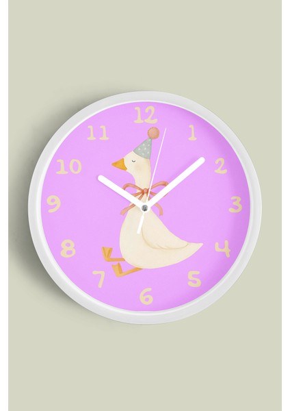 Sevimli Kaz / Ördek Çocuk Odası Duvar Saati - 25CM - Önü Camlı Beyaz Kasa - Sessiz Mekanizma