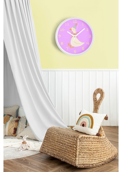 Sevimli Kaz / Ördek Çocuk Odası Duvar Saati - 25CM - Önü Camlı Beyaz Kasa - Sessiz Mekanizma fiyatları