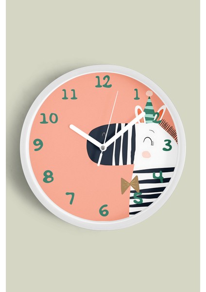 Süslü Zebra Çocuk Odası Duvar Saati - 25CM - Önü Camlı Beyaz Kasa - Sessiz Mekanizma