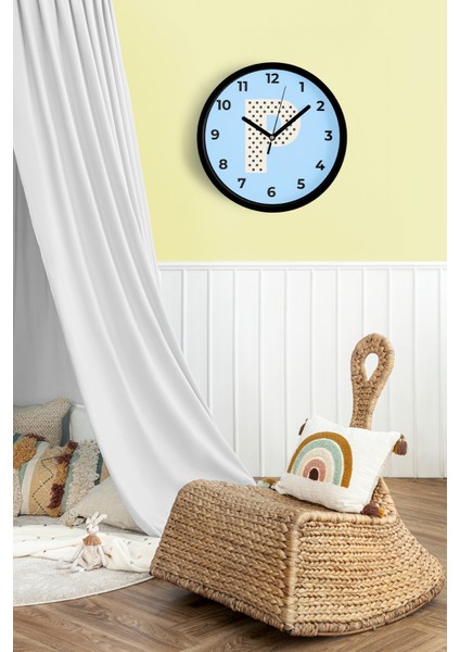 P Harfi Erkek Odası Duvar Saati - 25CM - Önü Camlı Siyah Kasa - Sessiz Mekanizma fiyatları