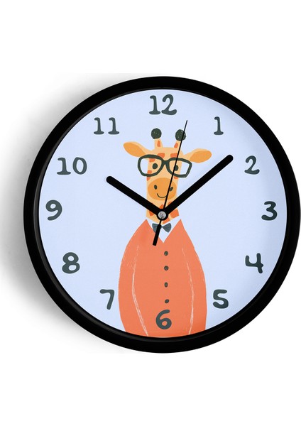 Sevimli Zürafa Çizimli Çocuk Odası Duvar Saati - 25CM - Önü Camlı Siyah Kasa - Sessiz Mekanizma