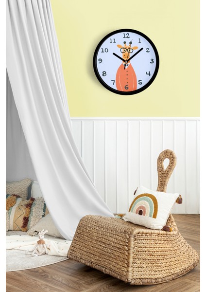 Sevimli Zürafa Çizimli Çocuk Odası Duvar Saati - 25CM - Önü Camlı Siyah Kasa - Sessiz Mekanizma fiyatları