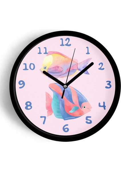Renkli Balıklar Modern Duvar Saati - Çocuk Odası Duvar Saati - 25CM - Önü Camlı Siyah Kasa