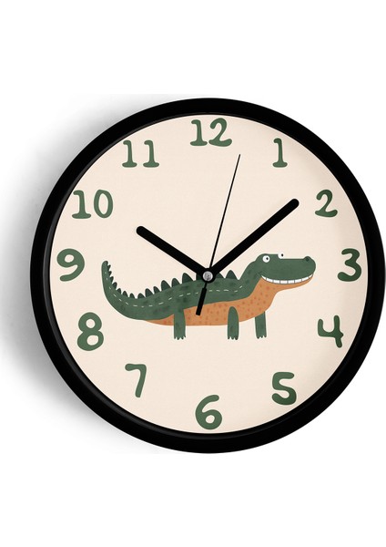Sevimli Timsah Çocuk Odası Modern Duvar Saati - 25CM - Önü Camlı Siyah Kasa - Sessiz Mekanizma