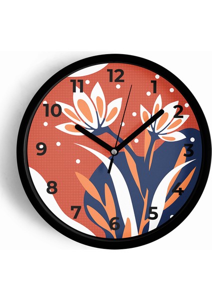 Soyut - Bohem Çiçek Modern Duvar Saati - 25CM - Önü Camlı Siyah Kasa - Sessiz Mekanizma