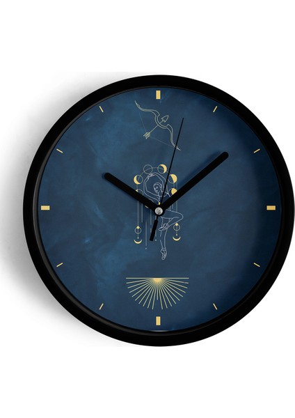 Yay Burcu - Burçlar Modern Duvar Saati - 25CM - Önü Camlı Siyah Kasa - Sessiz Mekanizma