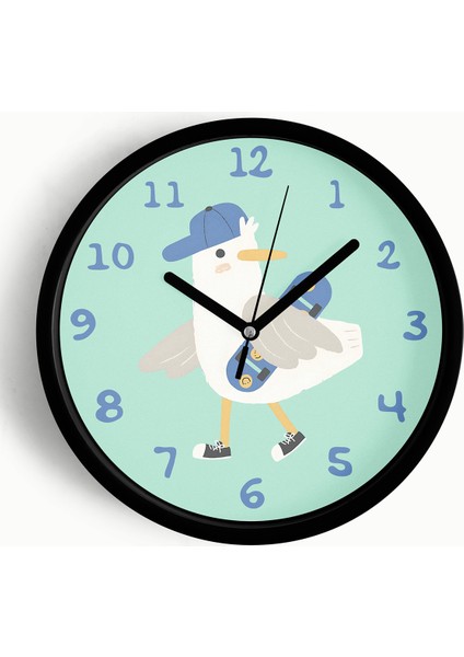 Kaykay Yapan Sevimli Martı Çocuk Odası Duvar Saati - 25CM - Önü Camlı Siyah Kasa - Sessiz Mekanizma
