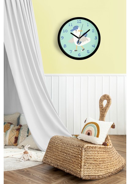 Kaykay Yapan Sevimli Martı Çocuk Odası Duvar Saati - 25CM - Önü Camlı Siyah Kasa - Sessiz Mekanizma fiyatları