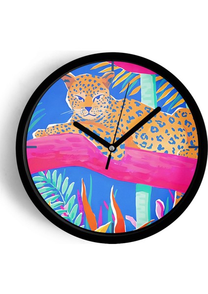 Tropikal Kaplan Temalı Modern Duvar Saati - 25CM - Önü Camlı Siyah Kasa - Sessiz Mekanizma