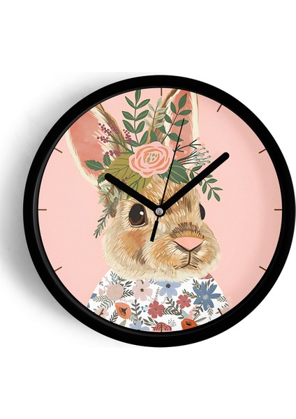 Sevimli Tavşan Modern Duvar Saati - Salon - Genç Odası - Çocuk Odası - 25CM - Önü Camlı Siyah Kasa