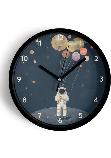 Uzay - Astronot - Gezegen Temalı Çocuk Odası Modern Duvar Saati - 25CM - Önü Camlı Siyah Kasa