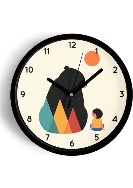 Ayıcık Ile Çocuk - Çocuk Odası Duvar Saati - 25CM - Önü Camlı Siyah Kasa - Sessiz Mekanizma