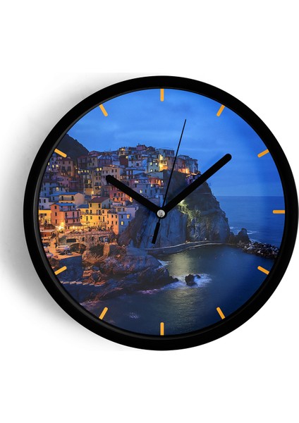 Italya'daki Amalfi Sahili Doğa Manzara Modern Duvar Saati - 25CM - Önü Camlı Siyah Kasa