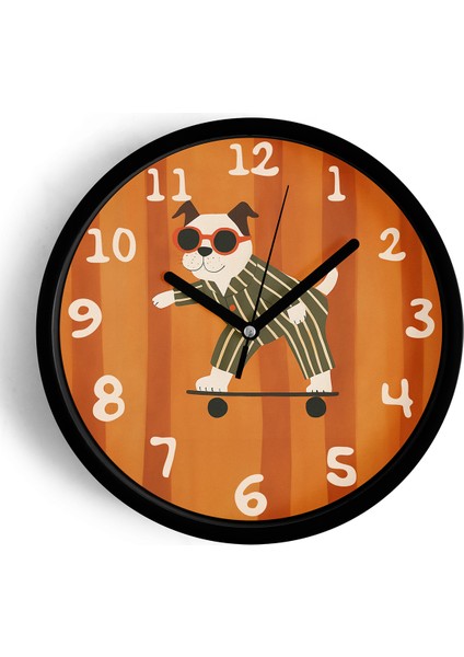 Güneş Gözlüklü Kaykay Yapan Sevimli Köpek Çocuk Odası Modern Duvar Saati - 25CM - Önü Camlı
