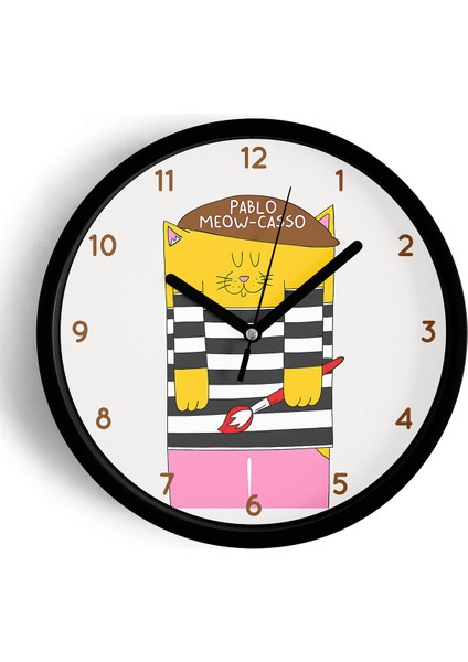 Picasso Kedi Modern Duvar Saati - 25CM - Önü Camlı Siyah Kasa - Sessiz Mekanizma