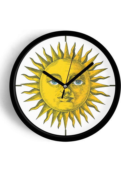 Güneş Figürlü Retro Tarz Modern Duvar Saati - 25CM - Önü Camlı Siyah Kasa - Sessiz Mekanizma